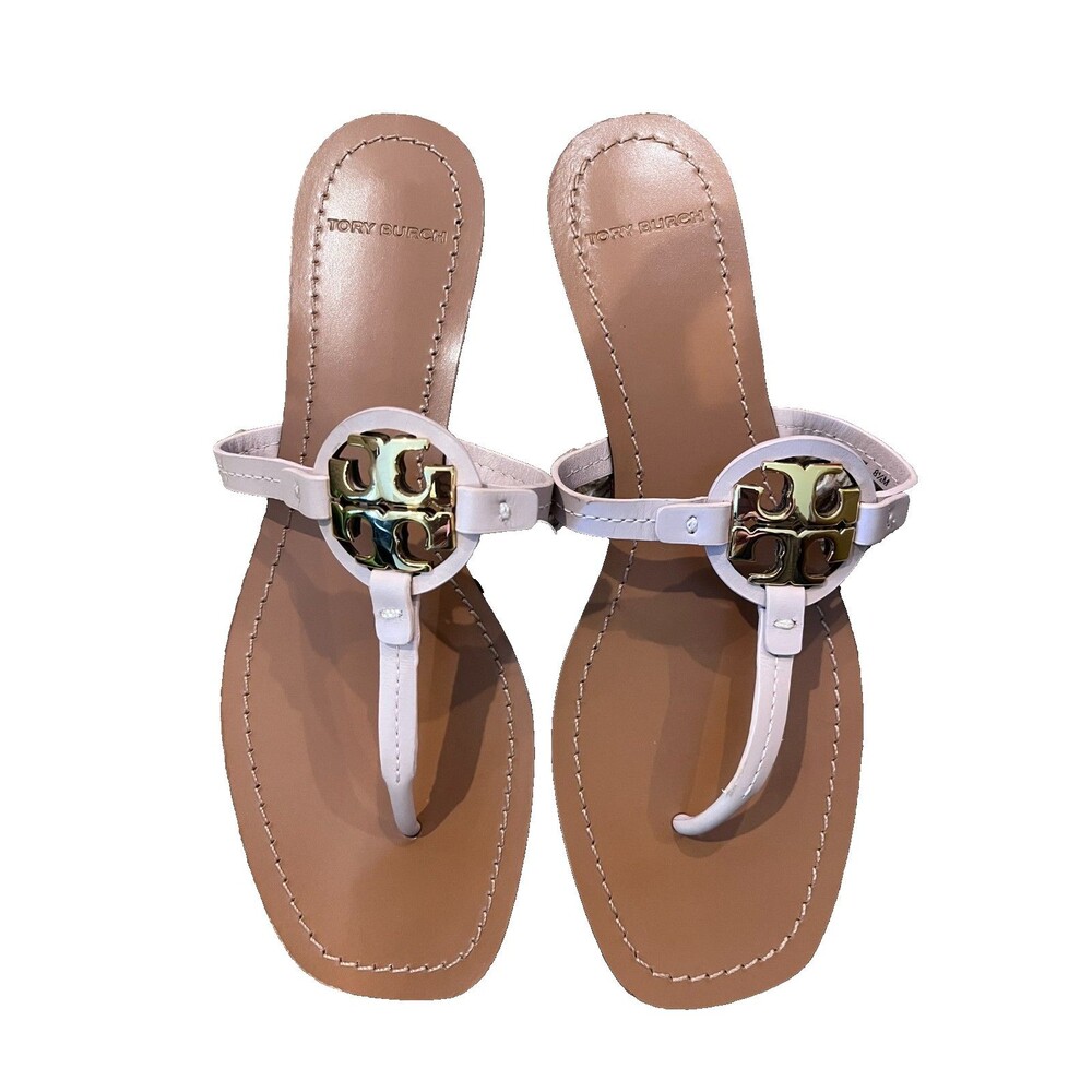 Tory Burch Mini Miller Sandal Square Toe Size 8.5 Pale Pink Gold Leather Thong